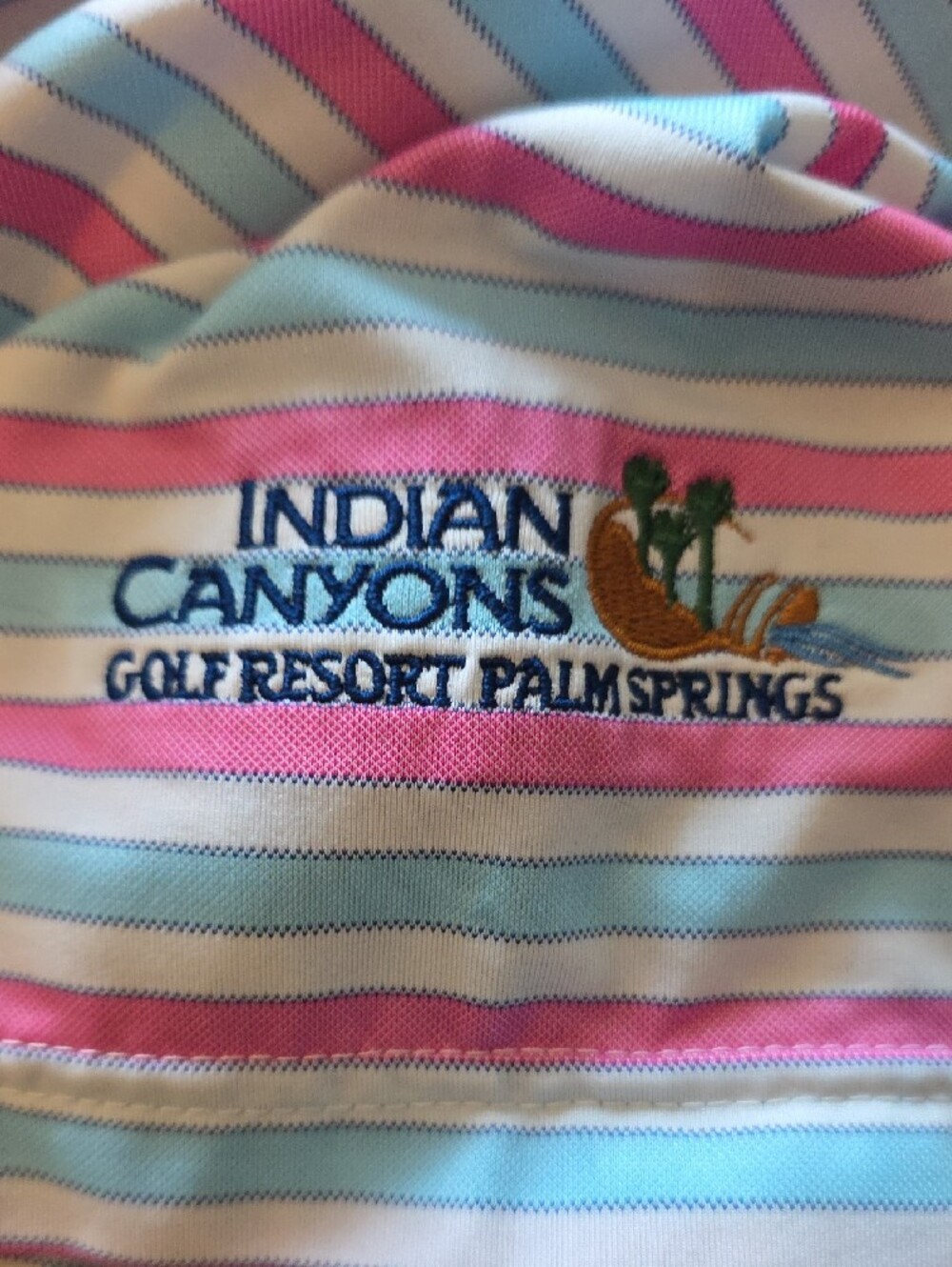 FootJoy Men’s Pink & Light Blue Striped Polo Shirt Indian Canyon Golf Resort Spr - Picture 3 of 3